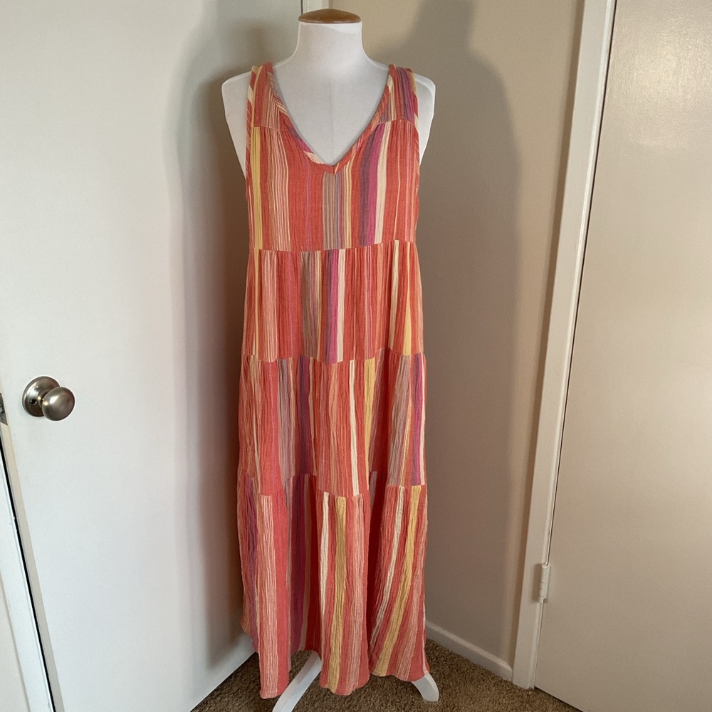 Marine Layer Corinne Striped Maxi Dress Pink Orange Tiered Boho Pocket Size L - Picture 4 of 9